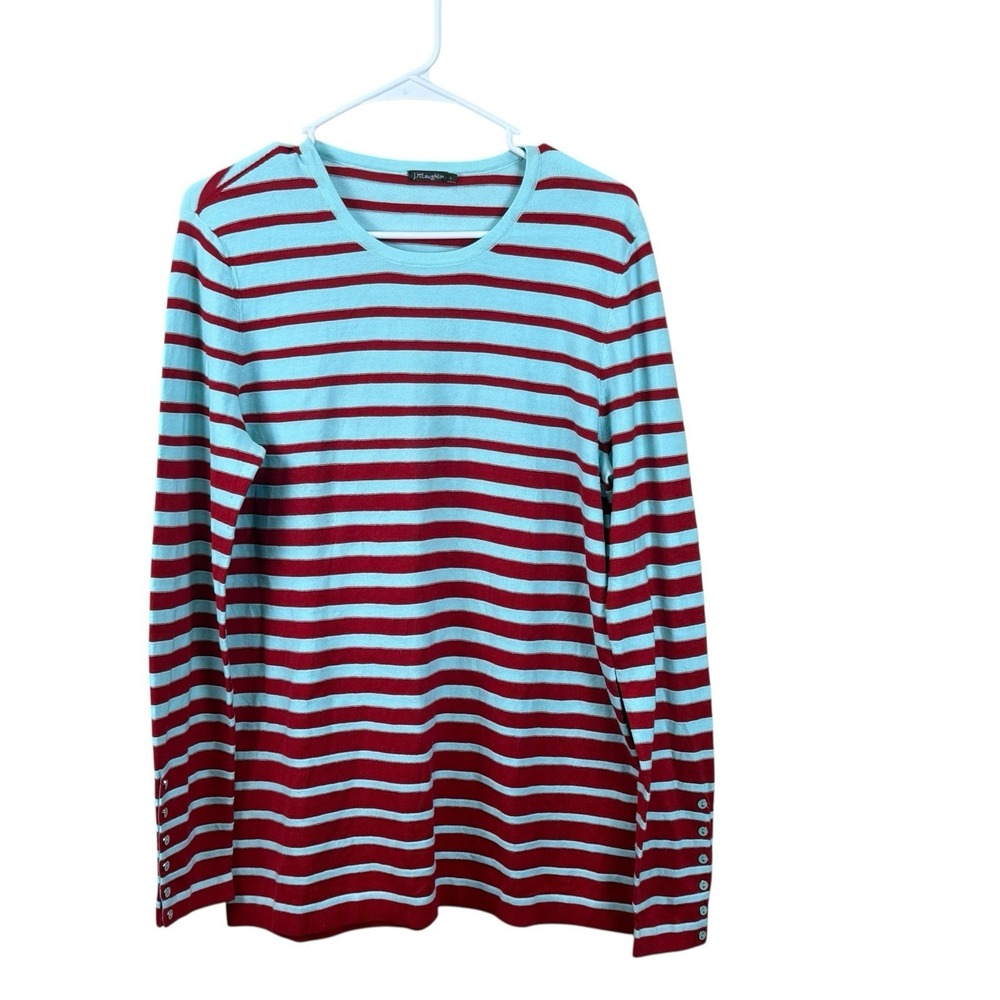 J. McLaughlin Shirt Top Blue Red L Stripe Long Sleeve Cotton Blend